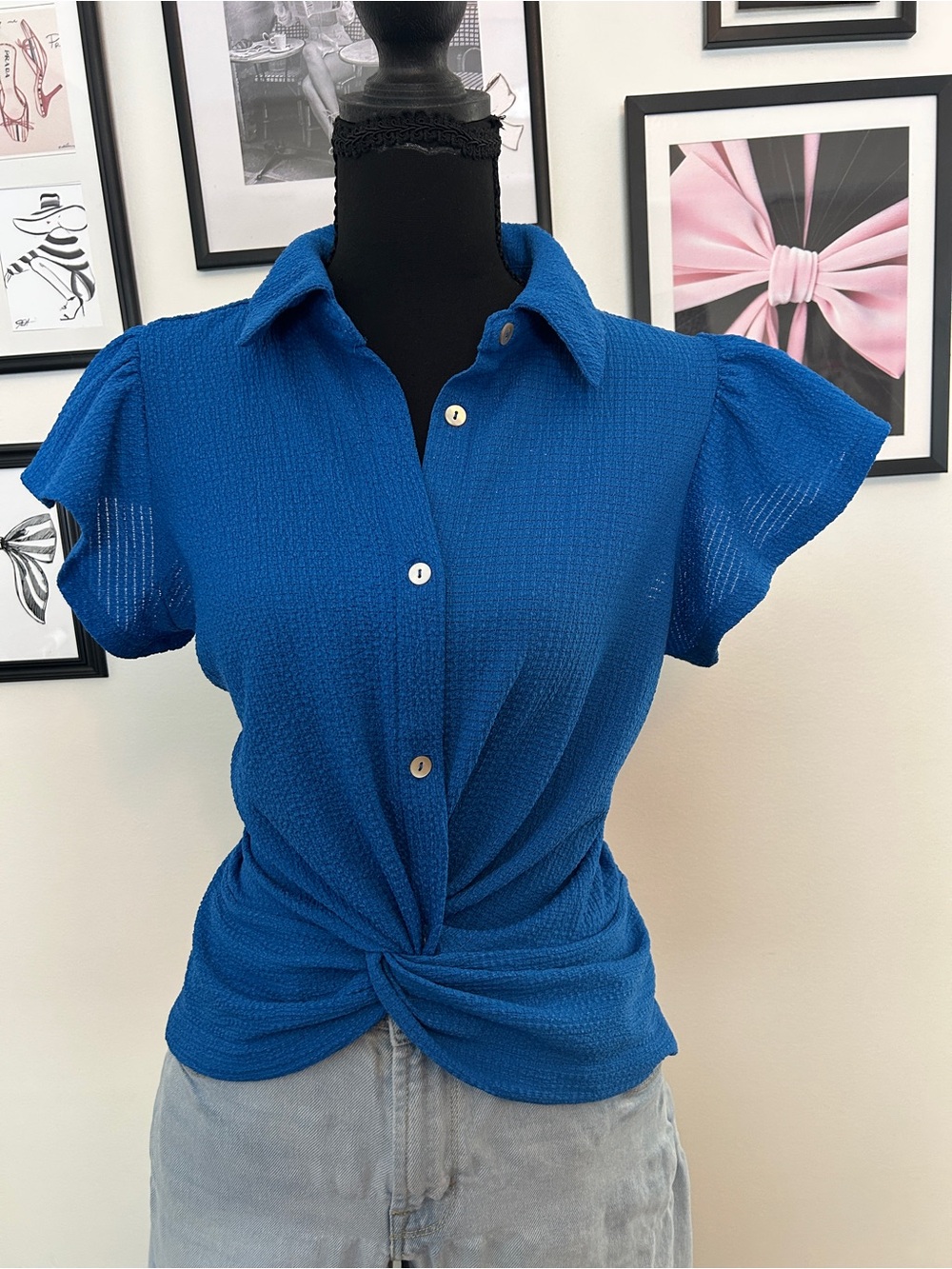Kathy Ireland Blue Twist-Front Button Shirt - Women Tops